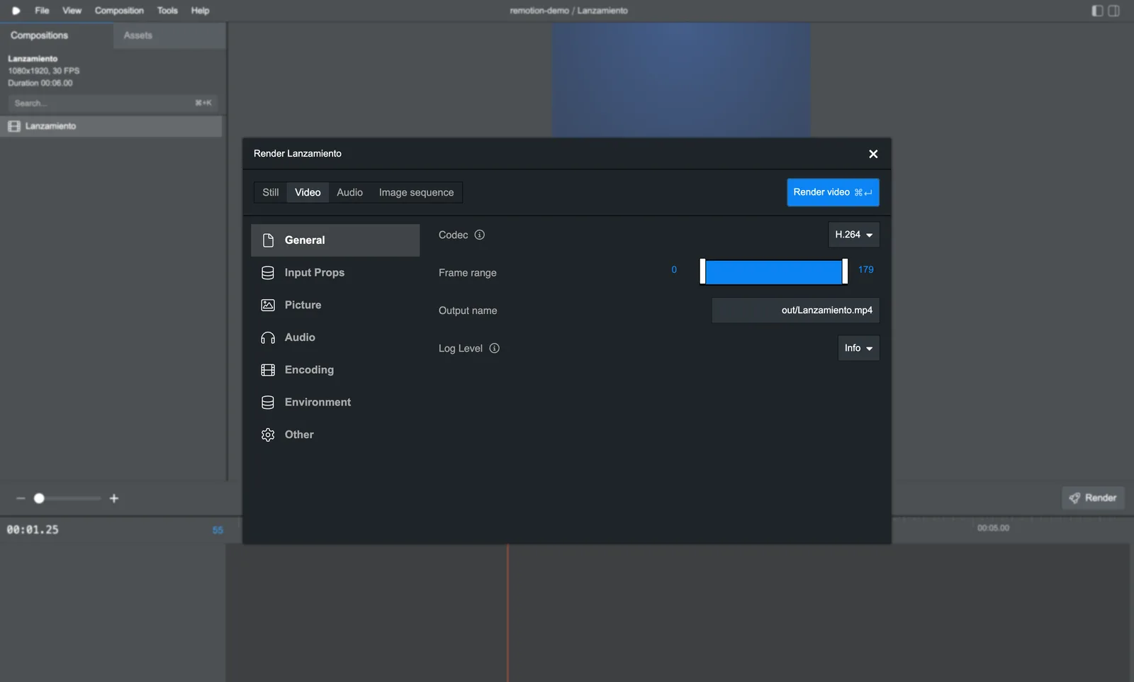 Panel de ajustes de render de Remotion Studio: pestañas para vídeo, audio, imagen suelta y secuencia de imágenes; opciones de codec (H.264), rango de fotogramas, nombre del archivo de salida y un menú lateral con secciones como General, Picture, Audio y Encoding