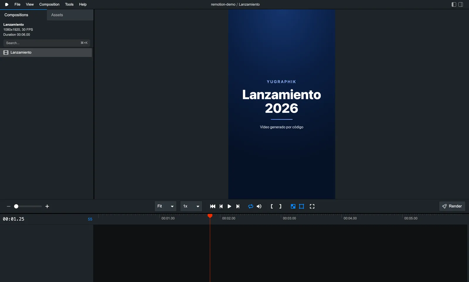 El estudio de Remotion en el navegador: a la izquierda la lista de composiciones con el vídeo "Lanzamiento" en formato 1080x1920 a 30 FPS, en el centro la previsualización del reel vertical "Lanzamiento 2026" sobre fondo degradado azul, y abajo la línea de tiempo con el cabezal de reproducción