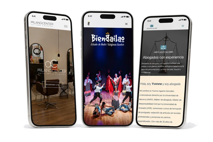 Las webs de MilanoCenter, BienBailao y Abogados Aguirre en su versión móvil, montadas sobre tres iPhone